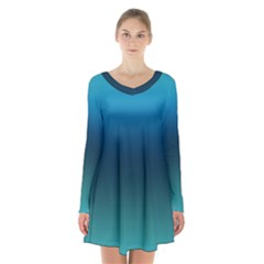 Blue Teal Green Gradient Ombre Colors Long Sleeve Velvet V-neck Dress by SpinnyChairDesigns