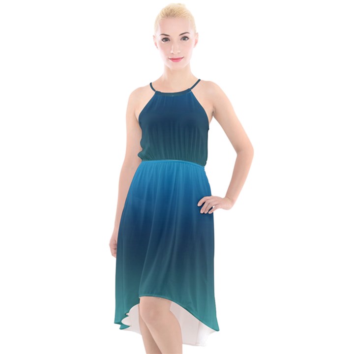 Blue Teal Green Gradient Ombre Colors High-Low Halter Chiffon Dress 