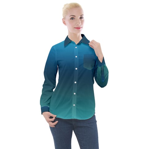 Blue Teal Green Gradient Ombre Colors Women s Long Sleeve Pocket Shirt by SpinnyChairDesigns