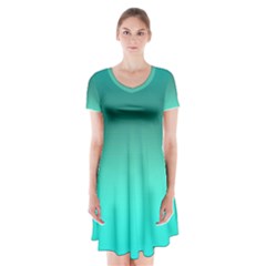 Teal Turquoise Green Gradient Ombre Short Sleeve V-neck Flare Dress by SpinnyChairDesigns