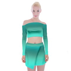 Teal Turquoise Green Gradient Ombre Off Shoulder Top With Mini Skirt Set by SpinnyChairDesigns