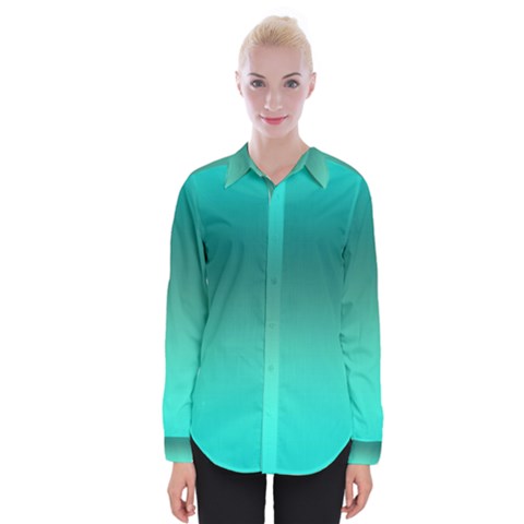 Teal Turquoise Green Gradient Ombre Womens Long Sleeve Shirt by SpinnyChairDesigns