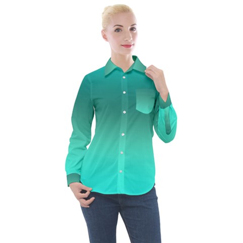 Teal Turquoise Green Gradient Ombre Women s Long Sleeve Pocket Shirt by SpinnyChairDesigns