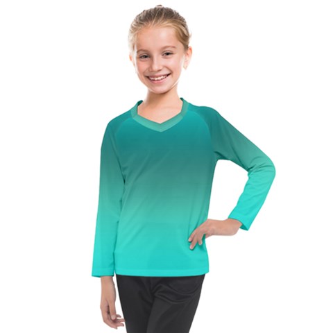 Teal Turquoise Green Gradient Ombre Kids  Long Mesh Tee by SpinnyChairDesigns