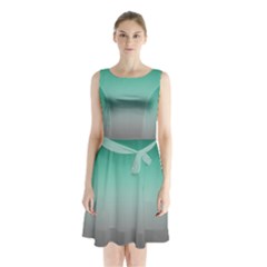 Teal Green And Grey Gradient Ombre Color Sleeveless Waist Tie Chiffon Dress by SpinnyChairDesigns