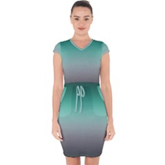 Teal Green and Grey Gradient Ombre Color Capsleeve Drawstring Dress 