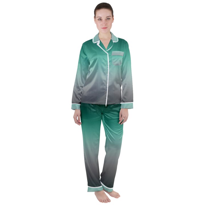 Teal Green and Grey Gradient Ombre Color Satin Long Sleeve Pyjamas Set