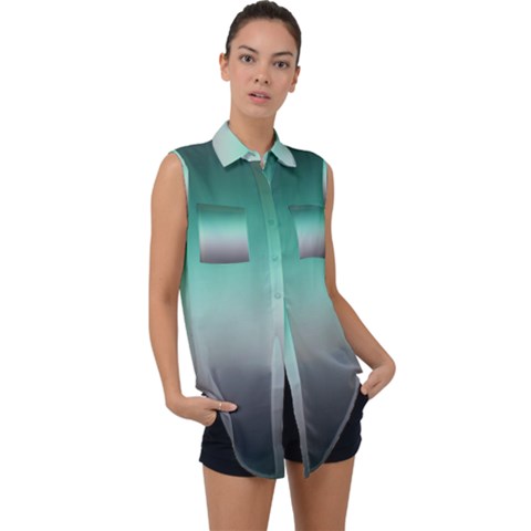 Teal Green And Grey Gradient Ombre Color Sleeveless Chiffon Button Shirt by SpinnyChairDesigns