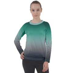 Teal Green and Grey Gradient Ombre Color Women s Long Sleeve Raglan Tee