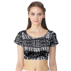 Abstract Black And White Stripes Checkered Pattern Short Sleeve Crop Top by SpinnyChairDesigns