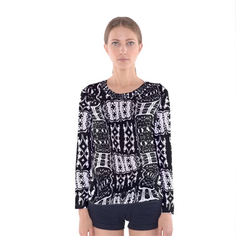 Abstract Black And White Stripes Checkered Pattern Women s Long Sleeve Tee by SpinnyChairDesigns