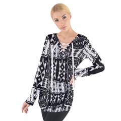 Abstract Black And White Stripes Checkered Pattern Tie Up Tee by SpinnyChairDesigns