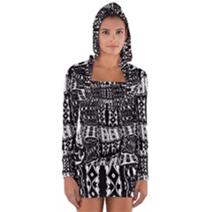 Abstract Black And White Stripes Checkered Pattern Long Sleeve Hooded T-shirt by SpinnyChairDesigns