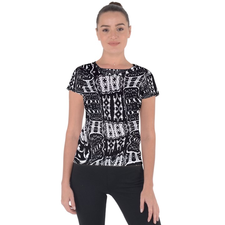 Abstract Black and White Stripes Checkered Pattern Short Sleeve Sports Top 