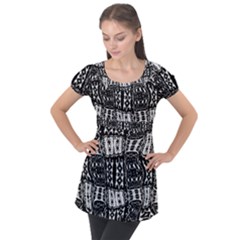 Abstract Black And White Stripes Checkered Pattern Puff Sleeve Tunic Top by SpinnyChairDesigns