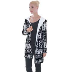 Abstract Black And White Stripes Checkered Pattern Longline Hooded Cardigan by SpinnyChairDesigns