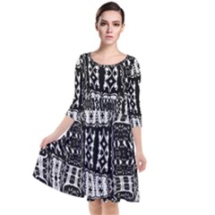 Abstract Black And White Stripes Checkered Pattern Quarter Sleeve Waist Band Dress by SpinnyChairDesigns