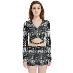 Abstract Black And White Stripes Checkered Pattern Velvet Wrap Crop Top