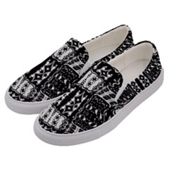 Abstract Black And White Stripes Checkered Pattern Men s Canvas Slip Ons by SpinnyChairDesigns