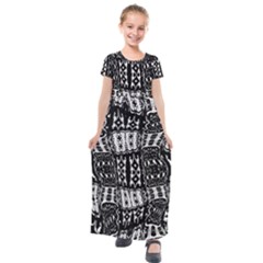 Abstract Black And White Stripes Checkered Pattern Kids  Short Sleeve Maxi Dress by SpinnyChairDesigns