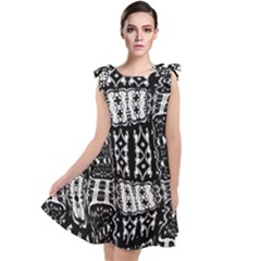 Abstract Black And White Stripes Checkered Pattern Tie Up Tunic Dress by SpinnyChairDesigns