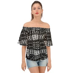 Abstract Black And White Stripes Checkered Pattern Off Shoulder Short Sleeve Top by SpinnyChairDesigns