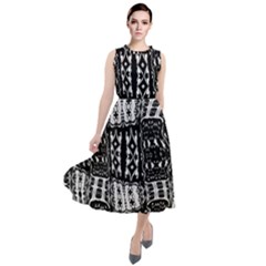 Abstract Black And White Stripes Checkered Pattern Round Neck Boho Dress by SpinnyChairDesigns