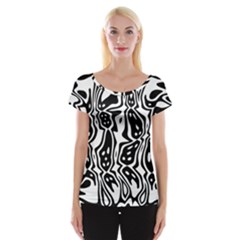 Black And White Abstract Stripe Pattern Cap Sleeve Top by SpinnyChairDesigns