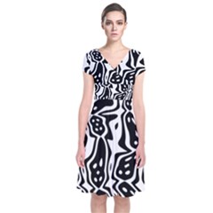 Black And White Abstract Stripe Pattern Short Sleeve Front Wrap Dress by SpinnyChairDesigns