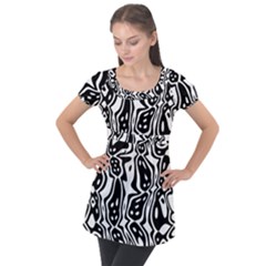 Black And White Abstract Stripe Pattern Puff Sleeve Tunic Top by SpinnyChairDesigns