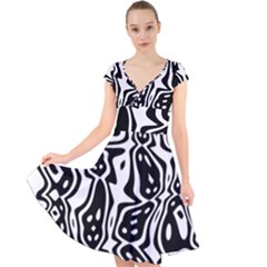 Black And White Abstract Stripe Pattern Cap Sleeve Front Wrap Midi Dress by SpinnyChairDesigns