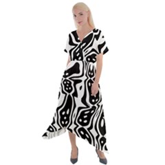 Black And White Abstract Stripe Pattern Cross Front Sharkbite Hem Maxi Dress by SpinnyChairDesigns