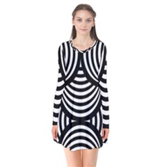 Abstract Black And White Shell Pattern Long Sleeve V-neck Flare Dress by SpinnyChairDesigns