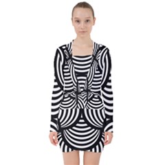 Abstract Black And White Shell Pattern V-neck Bodycon Long Sleeve Dress by SpinnyChairDesigns