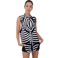 Abstract Black and White Shell Pattern Sleeveless Chiffon Button Shirt