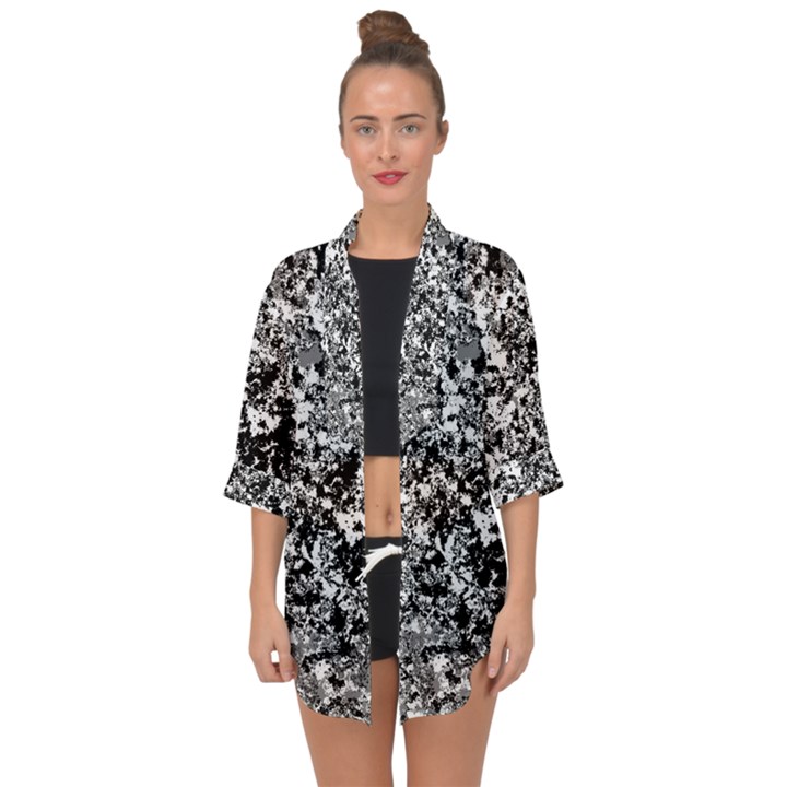 Black and White Grunge Stone Open Front Chiffon Kimono