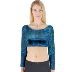 Blue Green Abstract Art Geometric Pattern Long Sleeve Crop Top by SpinnyChairDesigns