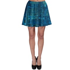 Blue Green Abstract Art Geometric Pattern Skater Skirt by SpinnyChairDesigns