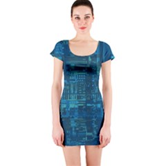 Blue Green Abstract Art Geometric Pattern Short Sleeve Bodycon Dress by SpinnyChairDesigns