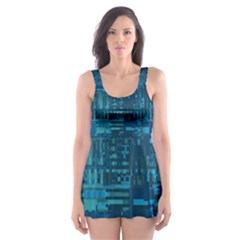 Blue Green Abstract Art Geometric Pattern Skater Dress Swimsuit by SpinnyChairDesigns