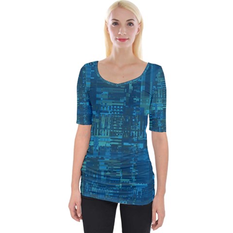 Blue Green Abstract Art Geometric Pattern Wide Neckline Tee by SpinnyChairDesigns