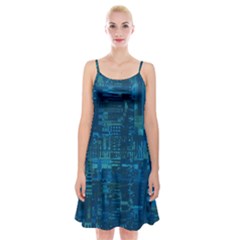 Blue Green Abstract Art Geometric Pattern Spaghetti Strap Velvet Dress by SpinnyChairDesigns