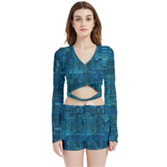 Blue Green Abstract Art Geometric Pattern Velvet Wrap Crop Top