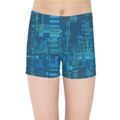 Blue Green Abstract Art Geometric Pattern Kids  Sports Shorts by SpinnyChairDesigns