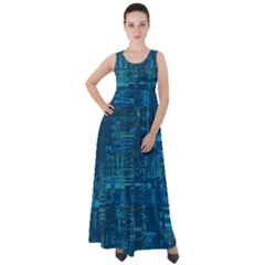 Blue Green Abstract Art Geometric Pattern Empire Waist Velour Maxi Dress by SpinnyChairDesigns