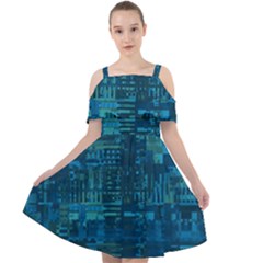 Blue Green Abstract Art Geometric Pattern Cut Out Shoulders Chiffon Dress by SpinnyChairDesigns