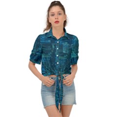 Blue Green Abstract Art Geometric Pattern Tie Front Shirt  by SpinnyChairDesigns