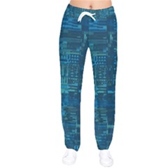 Blue Green Abstract Art Geometric Pattern Women Velvet Drawstring Pants by SpinnyChairDesigns