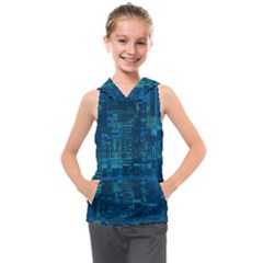 Blue Green Abstract Art Geometric Pattern Kids  Sleeveless Hoodie by SpinnyChairDesigns