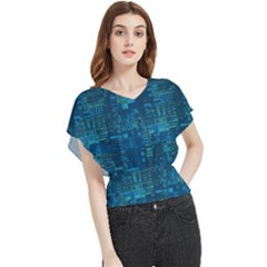 Blue Green Abstract Art Geometric Pattern Butterfly Chiffon Blouse